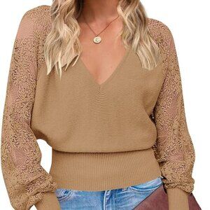 ZESICA 2024 Fall V Neck Lace Beige Long Sleeve Casual Knit Sweater S NWT